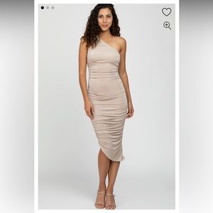 PinkBlush - Beige One Shoulder Ruched Side Midi Dress